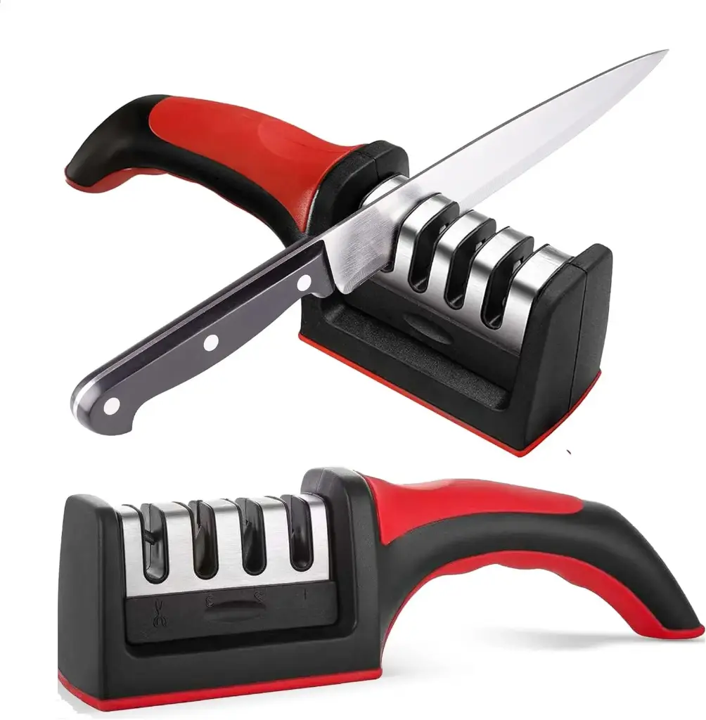 Knife Sharpeners for Kitchen Knives– Stainless Steel 4 in1 Kitchen Knife Sharpener – Ergonomic and Easy to Use Knife Sharpening Kit with 4 Stage Sharpening Slots