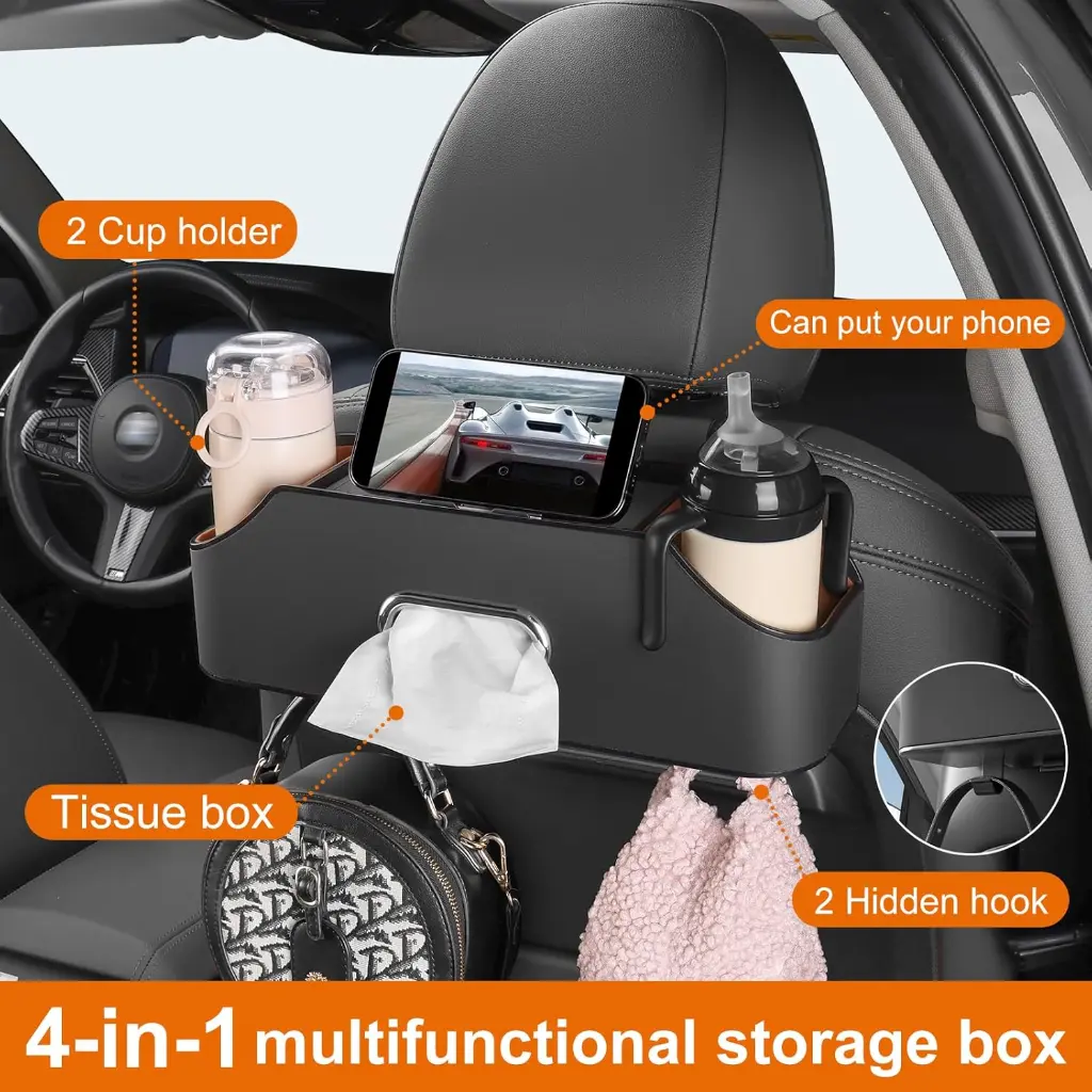 Car Rear Backseat Extra Multifunctional Drink Cup Holder Organizers with Tissue Storage Box Organizer & Hooks for Car Seat Back.