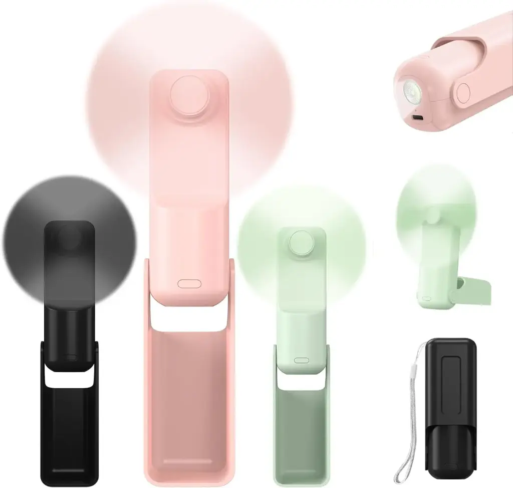 Portable Handheld Fan, 3 IN 1 Mini Hand Fan USB Rechargeable 3 Speeds Personal Foldable Desk Fan with Flashlight, Lanyard, Small Pocket Fan for Travel Concerts Lash, Gifts