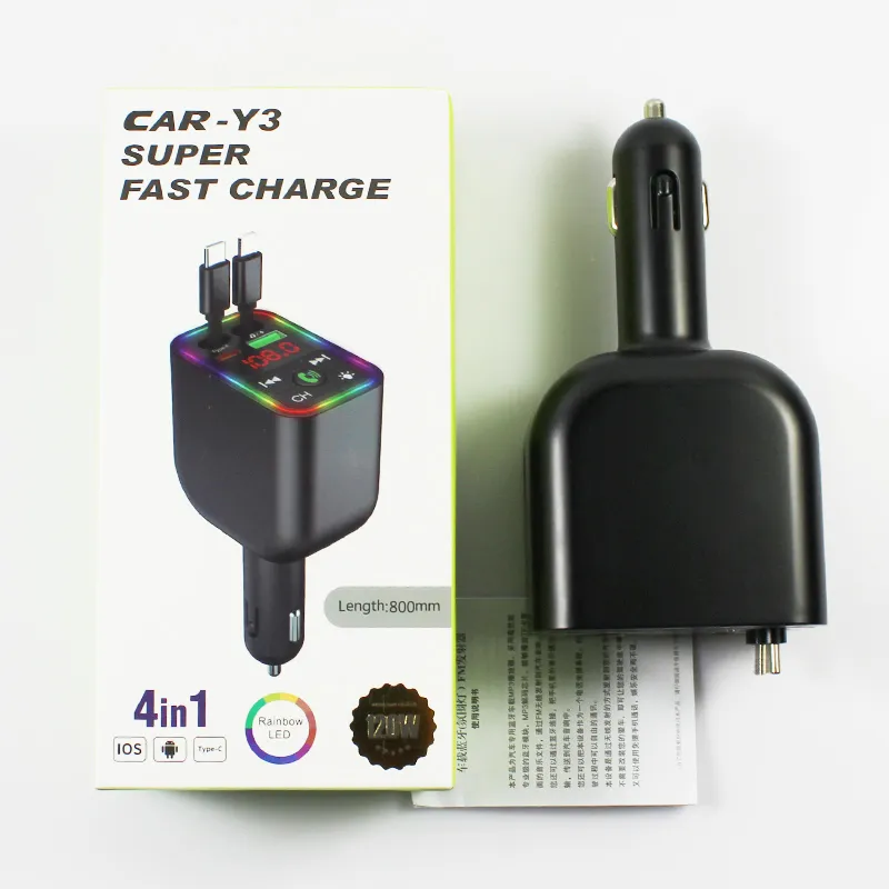 USB C Car Adapter Cigarette Car Charger: 120W 4-in-1 Retractable Fast Charging Adapter with USB-C & USB Ports