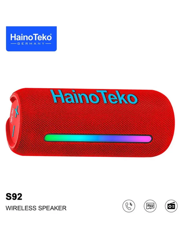 Haino Teko Germany S92 Portable Wireless Speaker With High Bass Sound Quality Multi Functional Button Cotrol and LED Light Red 