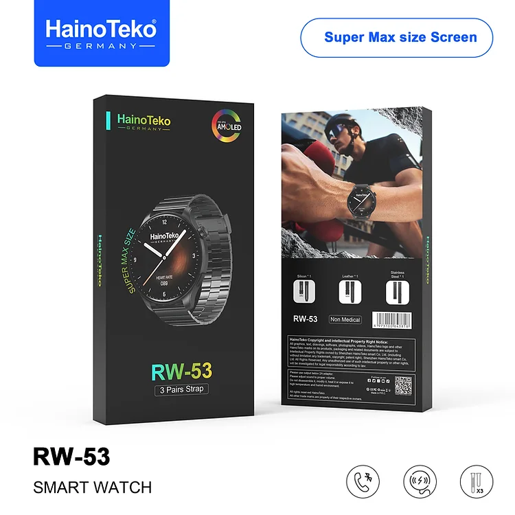 Haino Teko RW53 Smartwatch With Super Max Size AMOLED Display 3 Pair Straps and Charging Cable Designed For Men Black 
