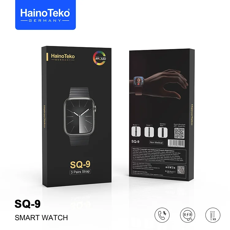 Haino Teko SQ9 Full Screen AMOLED Display Smart Watch With 3 Pair Straps and Wireless Charger For Ladies and Gents 