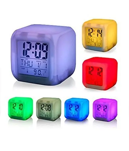 Glowing Cube LED 7 Color Changing Digital Alarm Clock - with Temperature + Day + Month + Date + Time + Alarm - Voted Best Gift Item