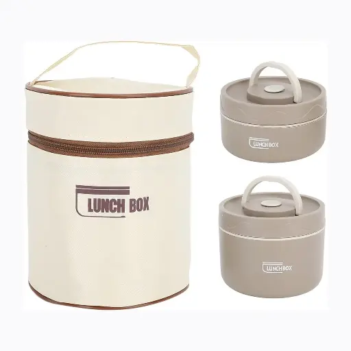 Stainless Steel 2 Layer Bento Lunch/Tiffin Box With Bag, 2 Thermal Portable Foam Insulated Food Container Set, Stackable Reusable For Student, Picnic - (Brown, 1040 Ml, Pack Of 1)