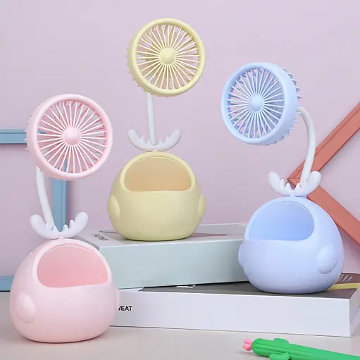 Mini Fan Mute Cool Rechargeable Cartoon Deer Horn Summer Desk Mini Fan Pen Holder for Dormitory
