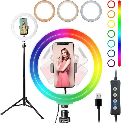 10'' Selfie Ring Light with Tripod Stand and Phone Holder Photographic lighting LED Circle Ringlight RGB Camera light for Makeup YouTube Tiktok (RGB)