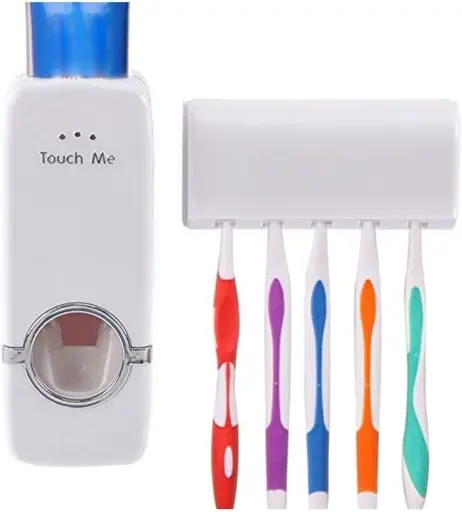 Hands Free Toothpaste Dispenser, Bathroom Toothbrush Holder, Automatic Toothpaste Squeezer and Holder Set (5 Brush Holder), White 