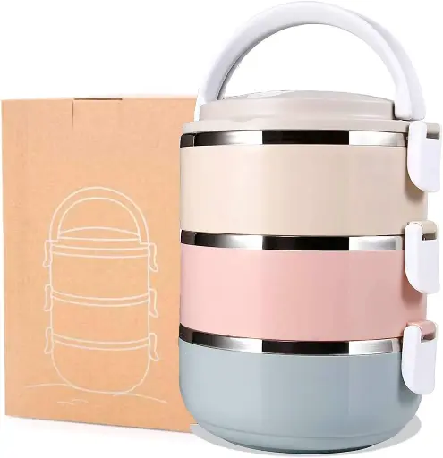 Thermal Bento Lunch Box, 2.1 Liters Stainless Steel Insulated Lunch Box 3 Layers Stackable Insulated Lunch Box for Children Adult School Office Picnic Food Container