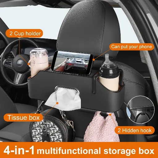 Car Rear Backseat Extra Multifunctional Drink Cup Holder Organizers with Tissue Storage Box Organizer & Hooks for Car Seat Back.