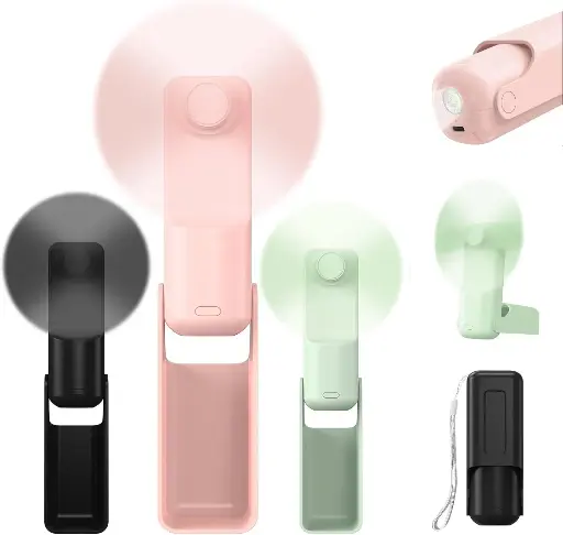 Portable Handheld Fan, 3 IN 1 Mini Hand Fan USB Rechargeable 3 Speeds Personal Foldable Desk Fan with Flashlight, Lanyard, Small Pocket Fan for Travel Concerts Lash, Gifts