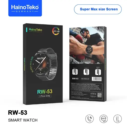 Haino Teko RW53 Smartwatch With Super Max Size AMOLED Display 3 Pair Straps and Charging Cable Designed For Men Black 
