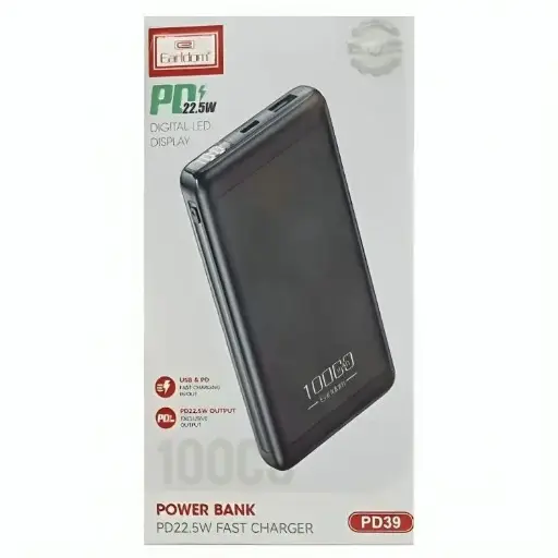 Earldom Wired Power Bank, 10000 mAh, 1 Port, Black - PD39