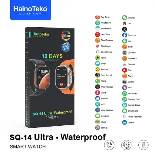 HainoTeko SQ-14 Ultra Waterproof Smartwatch with Large Screen AMOLED Display 10-Day Battery Life and 3 Pair Straps Designed For Ladies and Gents Silver 