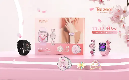 Telzeal TC11 Mini Smart Watch With 3 Pair Strap Analog Watch Makeup Mirror Hair Clip and Wireless Charger Combo For Ladies Pink 