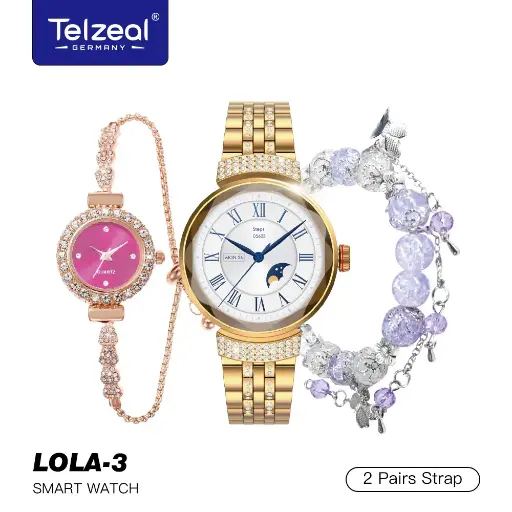 Telzeal Lola 3 Round Shape Ladies Smart Watch With Stylish Analog Watch Bracelet and Wireless Charger Black 