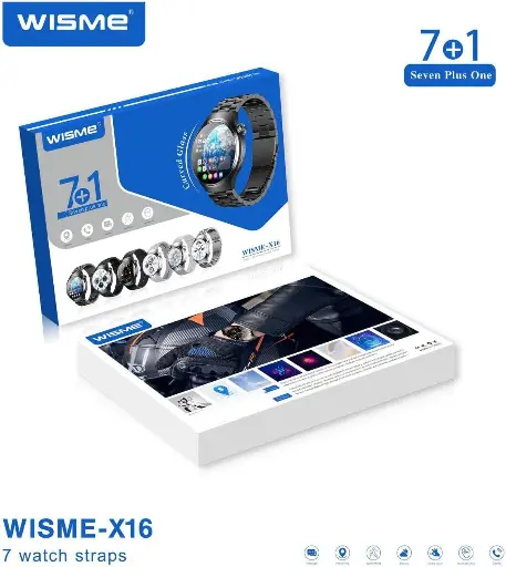 WISME-X16 Round Shape Curved Display Smartwatch With 7 Pair Straps Charging Cable Designed For Mens and Boys (Silver)
