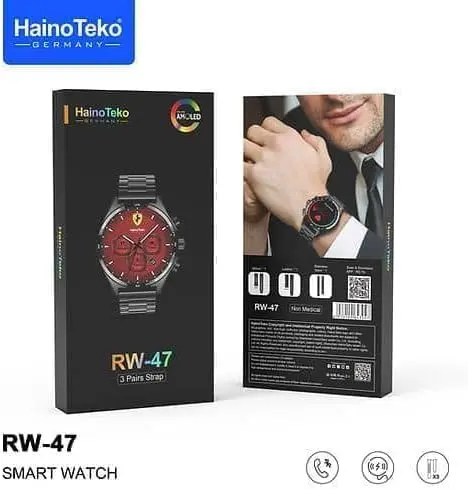 Haino Teko Germany RW47 AMOLED Large Round Screen Smartwatch with 3 Straps and Wireless Charger for Men Boys Black