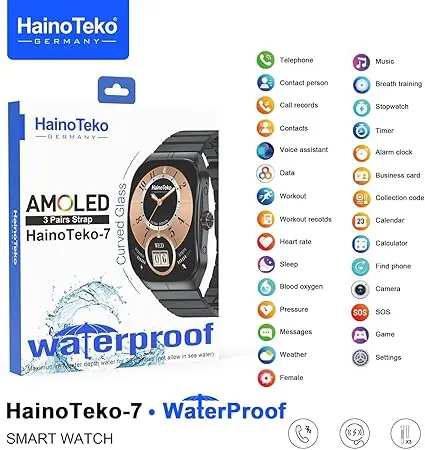 HainoTekoGermany Haino Teko-7 Waterproof Curved AMOLED Diplay Smart Watch With 3 Pair Strap and Wireless Charger 