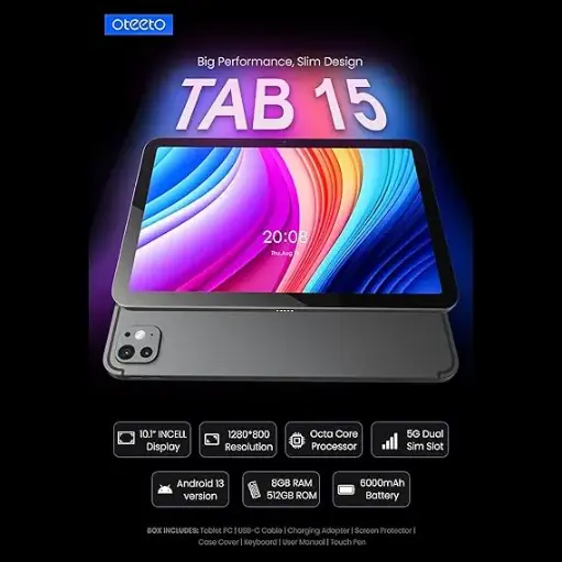 OTEETO TAB 15 Tablet/10.1 Inch/4G SIM/iOS Style Operating System/5G Dual SIM/Octa Core Processor/Included Flip Cover&Keyboard/8GB RAM + 512 GB ROM/Android 13/6000 mAh/8MP Front+13 MP Rear (Blue) 