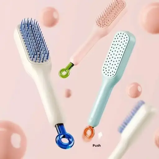 Self-Cleaning Anti-Static Hair Brush - Retractable & Rotating for All Hair Types, Durable ABS Handle with Rubber Bristles for Scalp Massage & Smooth Styling