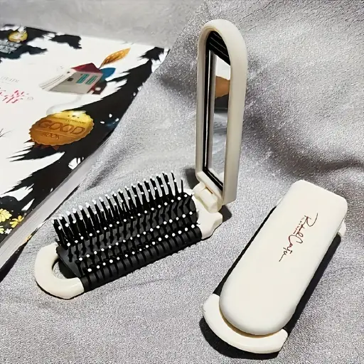 Compact Folding Hair Brush with Built-in Mirror – Anti-Static, Travel-Friendly, Durable ABS Plastic Handle, Rubber Bristles, Perfect for All Hair Types, Sleek Metallic Design, Personal Care Accessory | Foldable Design | Durable Abs Handle 