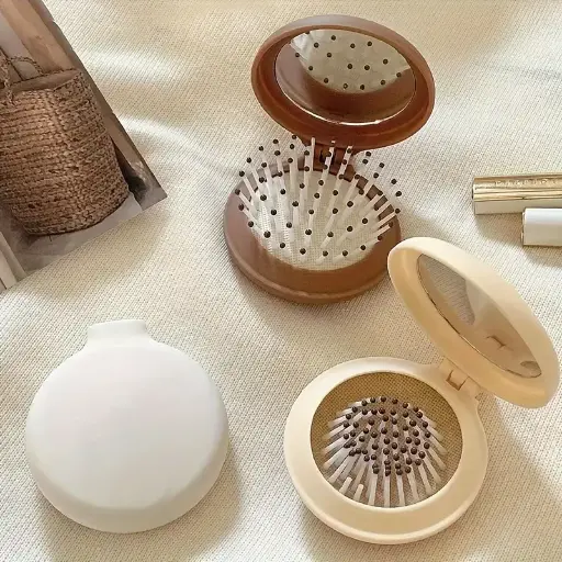 Compact Travel Hairbrush With Mirror Foldable, Scalp Massaging, Air Cushion Design For Dry Hair 