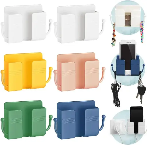 Wall Mount Phone Holder with Hooks, 2 Pcs Self-Adhesive Wall Organizer Storage Box, Wall-Mounted Phone Charging Stand Remote Control Brackets Holder for Bedroom Bathroom Office and More 