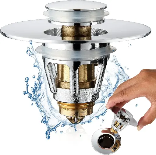 Universal Bathroom Sink Stopper - Stainless Steel Bounce Drain Filter, Pop Up Drain Stopper, Bullet Core Push Type Sink Stopper for Wash Basin, Sink Drain Plug with Anti-Clogging Strainer, Chrome 